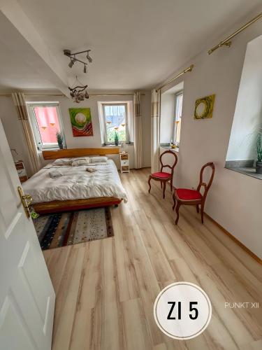 a bedroom with a bed and two red chairs at Wohnung 8 in Burghaslach