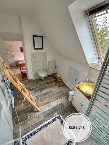 an attic bathroom with a toilet and a sink at Wohnung 8 in Burghaslach