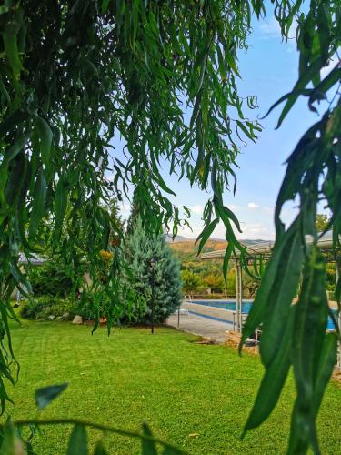 a park with trees and a pool in the background at Villa Angelco 