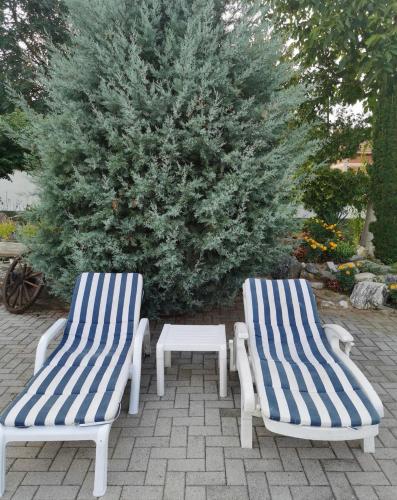 two blue and white chairs and a white table at Villa Angelco 