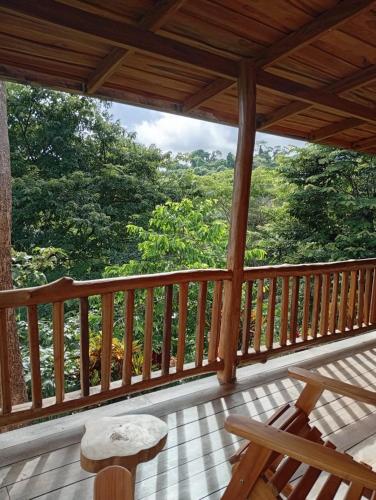 a wooden porch with a view of trees at Finca Colibri Ecolodges en Pleine Nature ferry Playa Najanjo Costa Rica in Cabo Blanco
