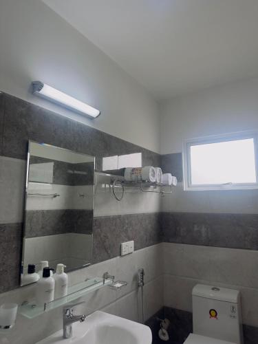 a bathroom with a sink and a mirror and a toilet at Alloy Heights Hotel & Apartments in Kandy