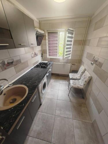 a bathroom with a sink and a washing machine at Dorobanți Elite Living in Văleni