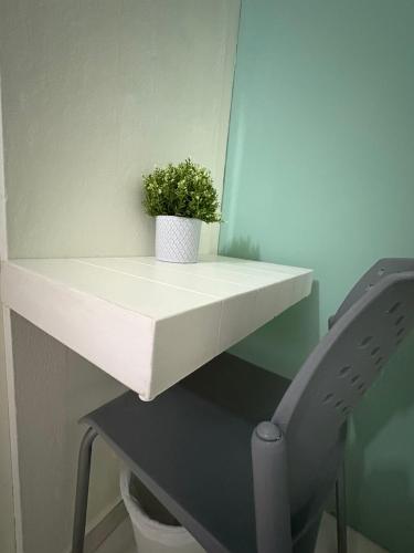 a white shelf with a plant on a wall at Hostel of Santurce in San Juan