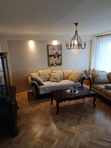 a living room with a couch and a coffee table at Eddy property in Klaipėda