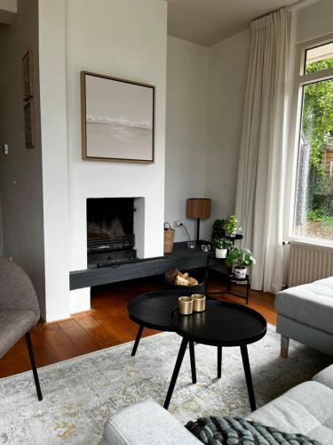 a living room with a fireplace and a coffee table at Vakantiehuis Lytse Mar in Idskenhuizen
