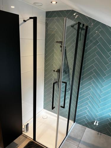 a shower with glass doors in a bathroom at Vakantiehuis Lytse Mar in Idskenhuizen