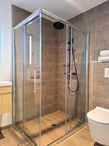 a glass shower in a bathroom with a toilet at Domaine de la Mautanne in Sainte-Tulle