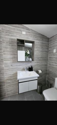 a bathroom with a white sink and a mirror at Casalabeba in Santo Domingo