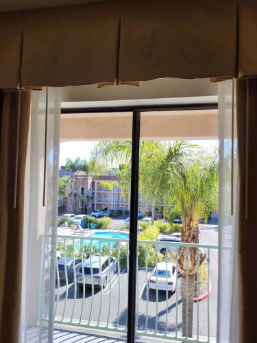a window with a view of a parking lot at Cortona Inn and Suites Anaheim Resort in Anaheim