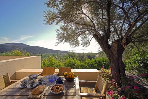 a table with food on it with a tree at Epidaurus Olive Villa in Néa Epídhavros