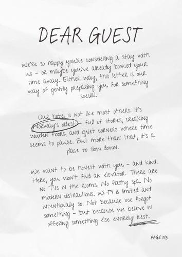 a letter from a dear guest written in black handwriting at Tørvis Hotell in Luster