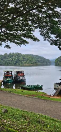 two boats parked on the shore of a lake at Floral Homestay in Thekkady