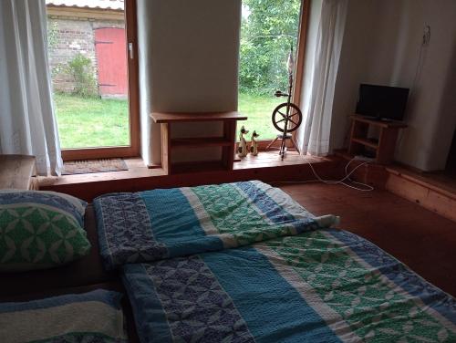 a bedroom with two beds and a large window at Ferienhaus Lehmhaus in Häven