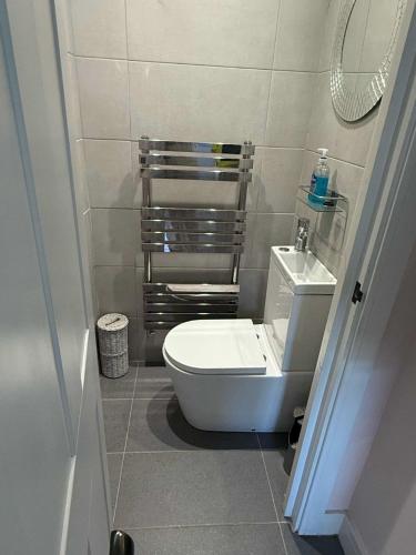 a small bathroom with a toilet and a mirror at Henlow - Double Bedroom Private Bathroom - Room 2 in Henlow