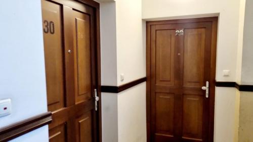 einen Flur mit zwei Holztüren in einem Zimmer in der Unterkunft Green Apartment Studio L30 Neukölln in Berlin