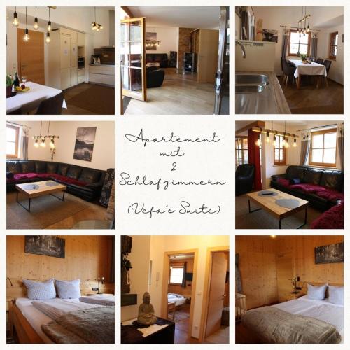 eine Collage mit Fotos von einem Wohnzimmer und einer Küche in der Unterkunft Braito's Seaside Lodges und Suites, Ferienhäuser und Ferienwohnungen in Haldensee