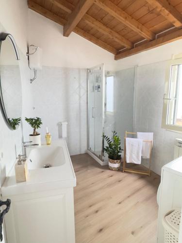 a white bathroom with a sink and a shower at La Terrazza Sulla Valle in Sgurgola