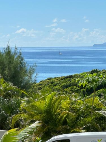 a view of the ocean with a boat in the water at Iguane House Villas & Micro Spa in Sainte-Anne