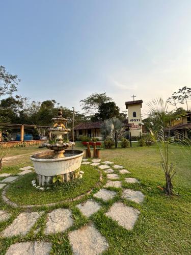 a fountain in the middle of a grassy field at Pousada da Janjana in Nova Iguaçu
