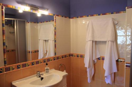 y baño con lavabo y espejo. en Apartamentos Los Rosales, en Ponga