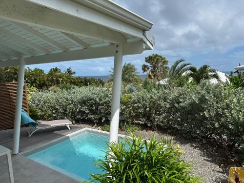 a swimming pool under a pergola on a patio at Iguane House Villas & Micro Spa in Sainte-Anne
