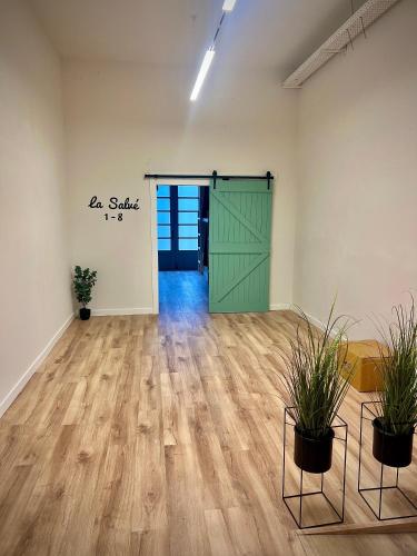 an empty room with a green door and two potted plants at Bajamar hostel in Laredo