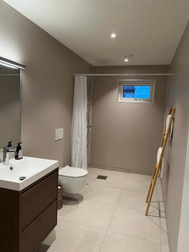 a bathroom with a sink and a toilet and a window at Reine Sea Apartment in Moskenes
