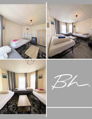 three pictures of a room with beds and a table at Boston Homestel in Boston