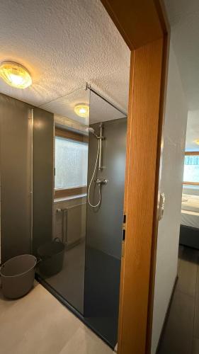 a bathroom with a shower with a glass door at Design-Apartment im Zentrum von Scheidegg in Scheidegg