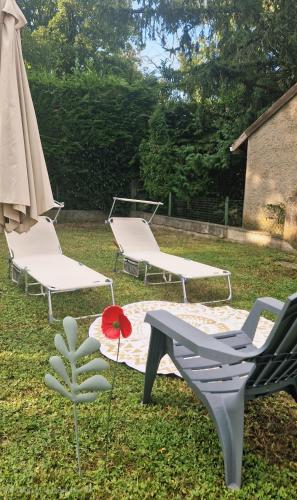 a group of chairs and a table with a red flower at La Maison des Petits Bonheurs in Rixheim