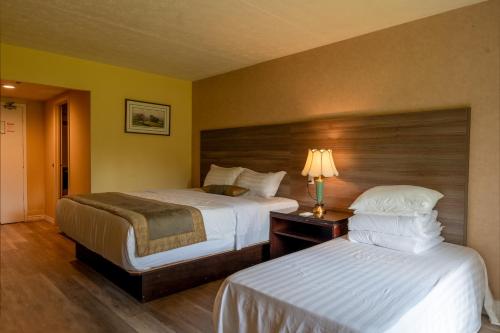 a hotel room with two beds and a lamp at Hotel Cowansville in Cowansville
