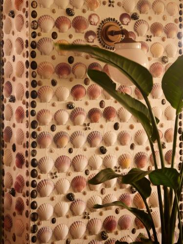 a bathroom with a wall with shells on it at Brett's Home in Harbour Island