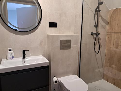 a bathroom with a toilet and a sink and a shower at Nad Zatoką pokoje z widokiem na jezioro in Ryn