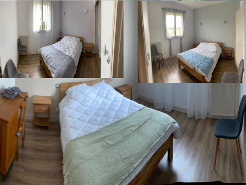 two pictures of a bedroom with a bed and a desk at Maison de campagne in Fénols
