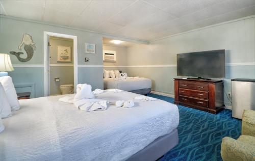 a hotel room with two beds and a flat screen tv at The Janmere Motel in Hampton