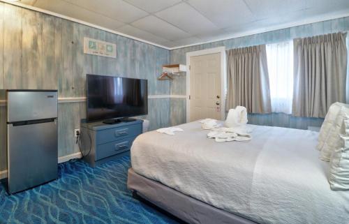 a hotel room with a bed and a flat screen tv at The Janmere Motel in Hampton