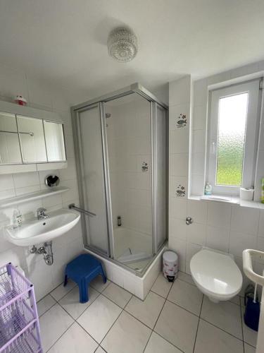 a bathroom with a shower and a sink and a toilet at Badehausallee 20 Bungalow in Cuxhaven