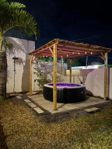 a pergola with a large tire under it at Le Nid du Dodo in Albion