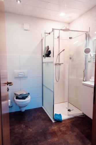 a bathroom with a toilet and a glass shower at Hotel Garni Rank in Bad Berka
