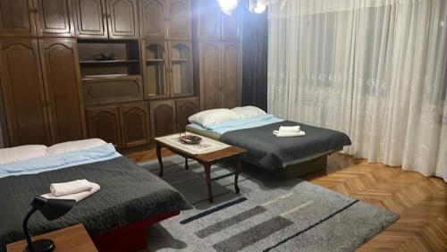 a room with two twin beds and a table at Apartman Jelena in Soko Banja