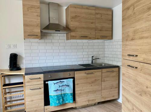 una cucina con mobili in legno e un lavello di La Pointe de Kermor a Plouézec
