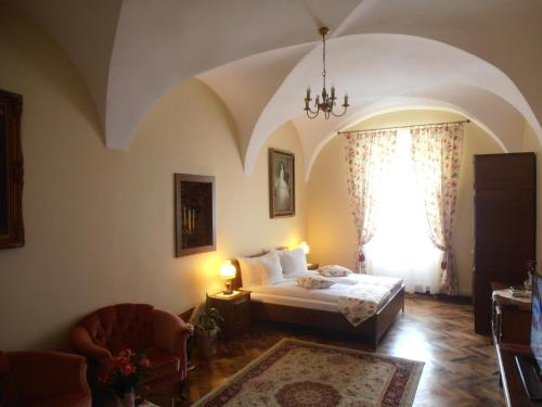 een slaapkamer met een bed in een kamer met een raam bij Gothic House in Sibiu