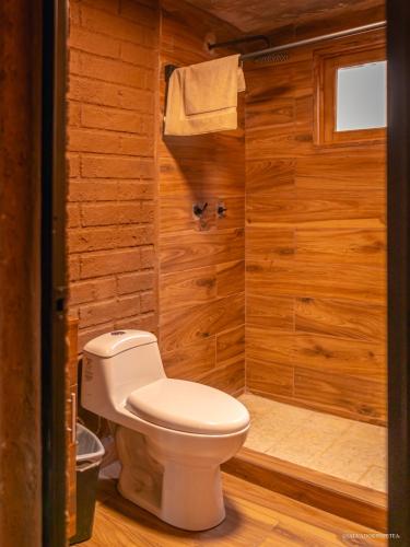 a bathroom with a toilet and a shower at Cabaña el Durazno in Tapalpa