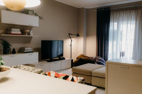 Una sala de estar con un sofá y un televisor de pantalla plana. en Apt D5, en Tesalónica