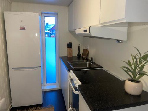 eine Küche mit einem weißen Kühlschrank und einer Spüle in der Unterkunft Studio appartment in private home at Bjerkaker in Tromsø