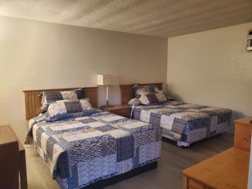 a bedroom with two beds and a lamp in it at Budget Inn Durango in Durango