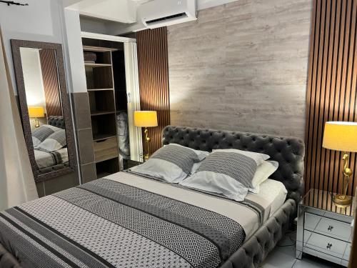 舍尔谢Appartement F3 de standing A Schoelcher的带一张大床和一面镜子的卧室