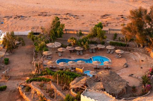 an aerial view of a resort with a pool and umbrellas at The Bedouin Moon in Dahab
