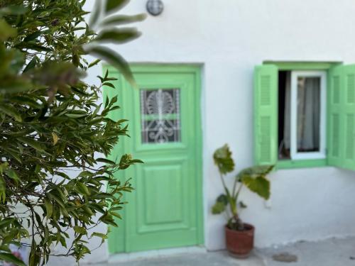 a green door on a white building with a plant at Bloom Yard in Triovasálos